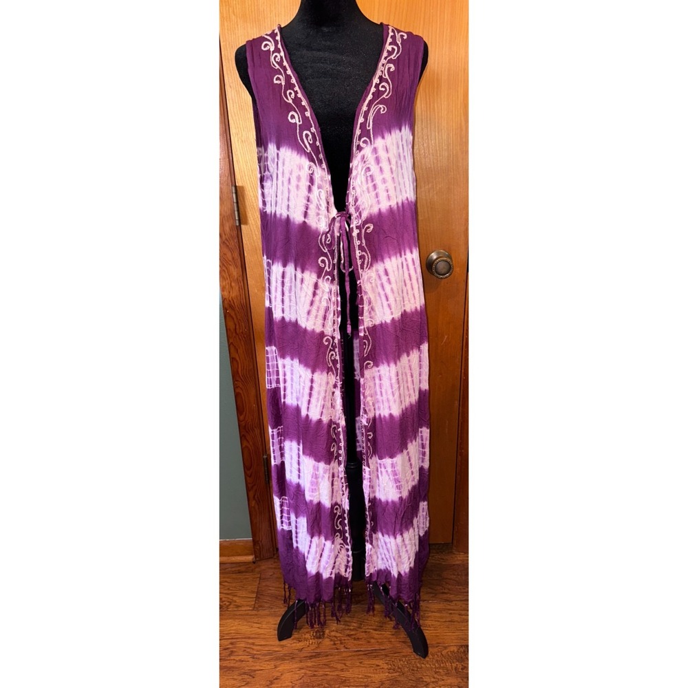 Beach by Exist Purple Tie Dye Embroidered Fringe Long Duster Cover Up One Size
